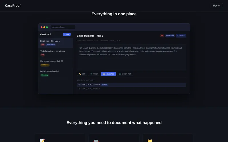 CaseProof landing page preview of the app: a list of records with tags and an exhibit record with version history.
