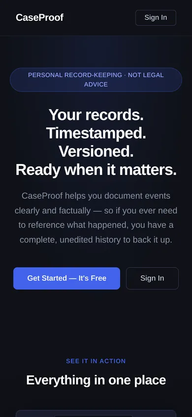 CaseProof landing page on a phone.