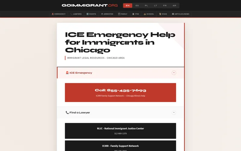 GoImmigrant.org homepage: “ICE Emergency Help for Immigrants in Chicago” with a language switcher and an emergency hotline button.