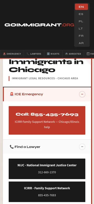 GoImmigrant.org on a phone, showing the language menu and emergency hotline.