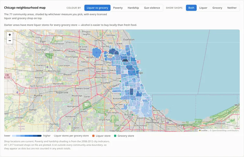 Map of Chicago community areas shaded by liquor stores per grocery store, with individual shop locations plotted on top.