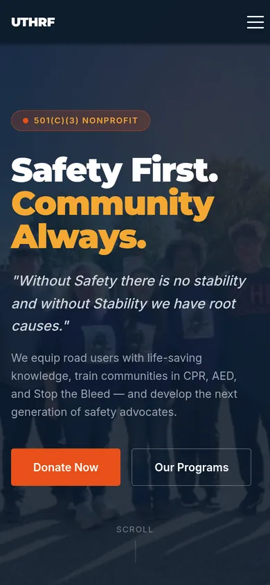 The foundation homepage on a phone, with menu button, headline and donate buttons.