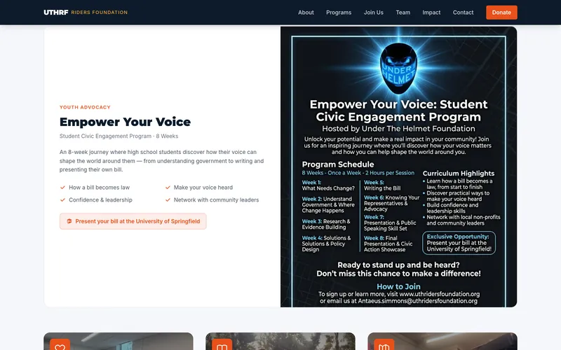 Youth advocacy section of the foundation website: the eight-week “Empower Your Voice” civic engagement program for high school students, with its program flyer.